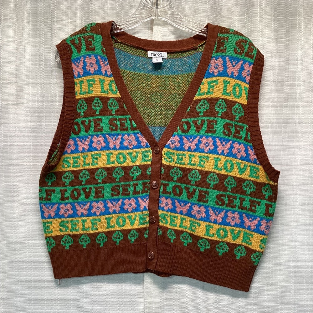 Rue21 Self Love Intarsia Knit Sweater Vest Brown Multi XL V-Neck Button Front